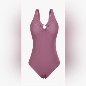 Grace Karin Lilac Mauve One-Piece V-Neck Ruched Ring Swimsuit Women's S, NWT